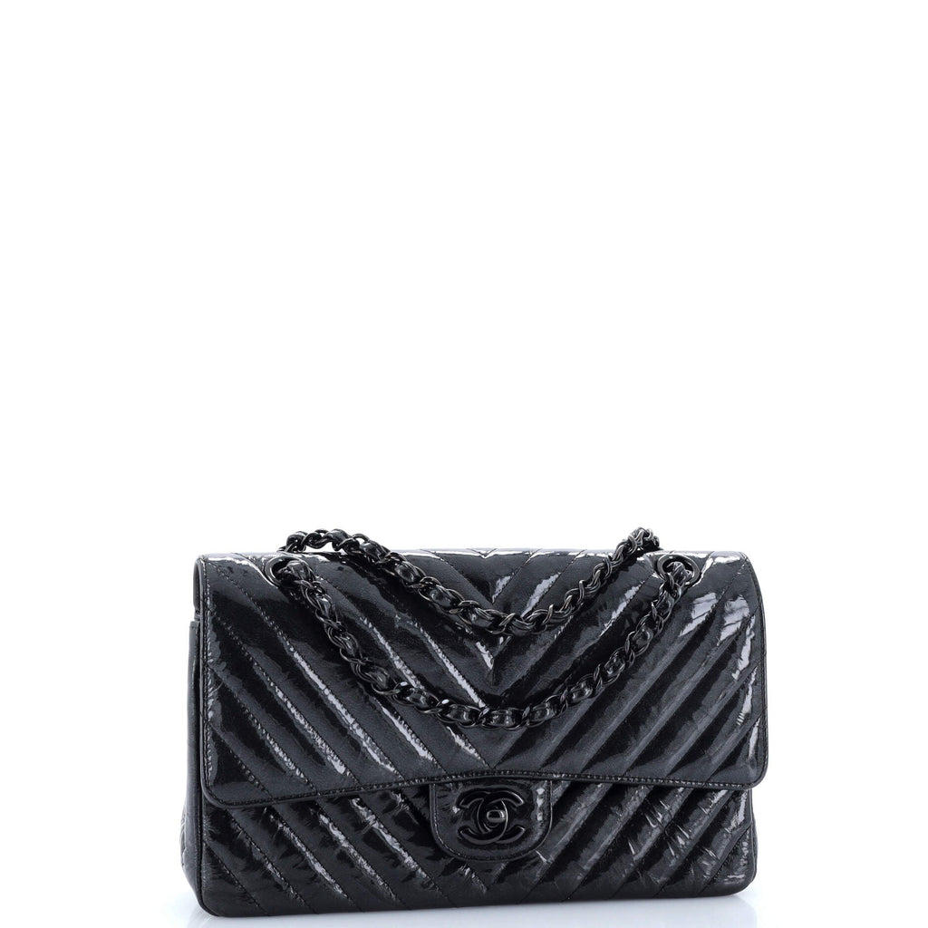So Black Classic Double Flap Bag Chevron Crinkled Patent Medium