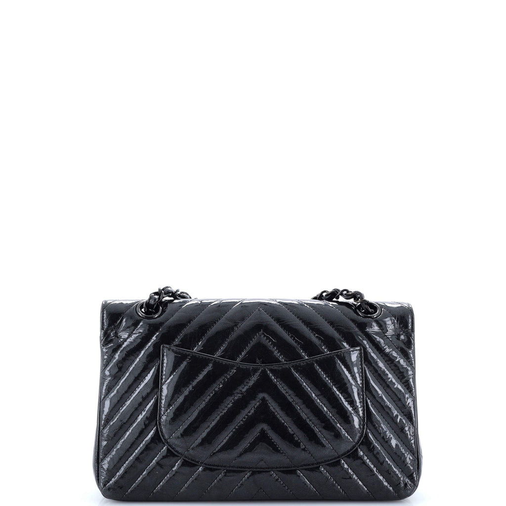 So Black Classic Double Flap Bag Chevron Crinkled Patent Medium