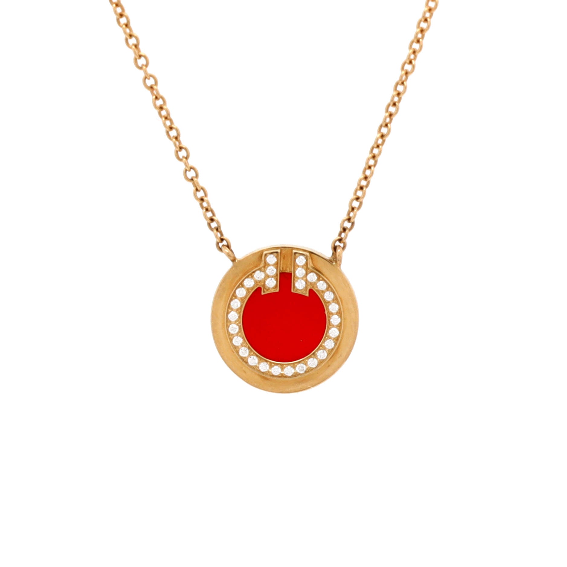 T Circle Pendant Necklace 18K Yellow Gold with Carnelian and Diamonds Small