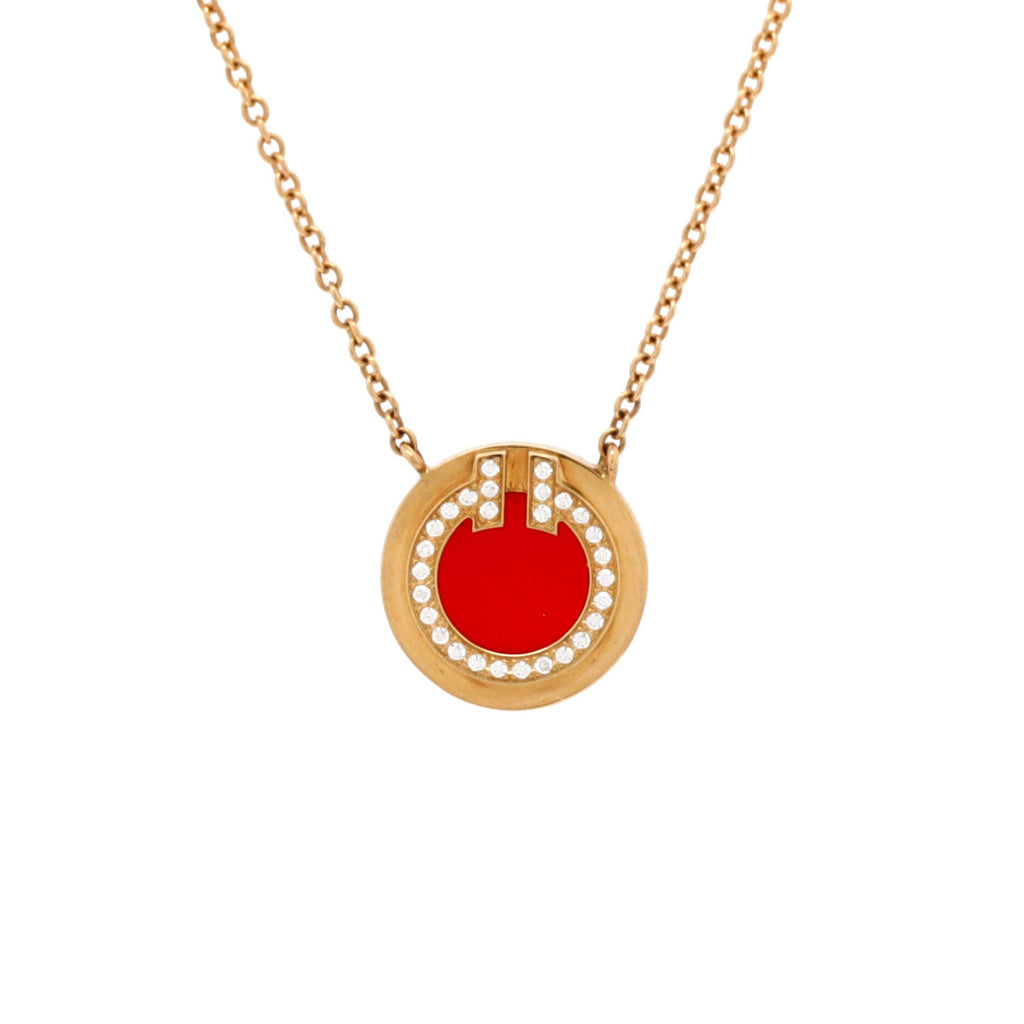 T Circle Pendant Necklace 18K Yellow Gold with Carnelian and Diamonds Small