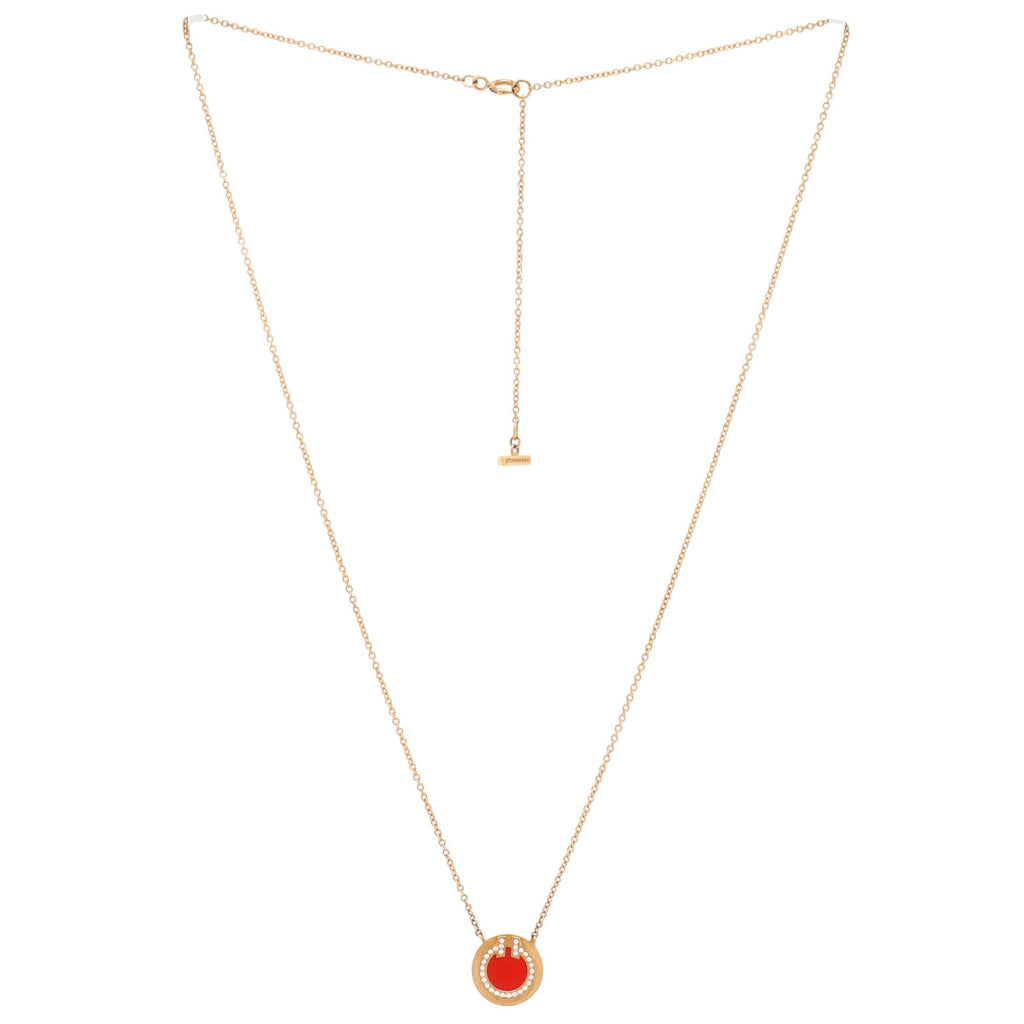 T Circle Pendant Necklace 18K Yellow Gold with Carnelian and Diamonds Small