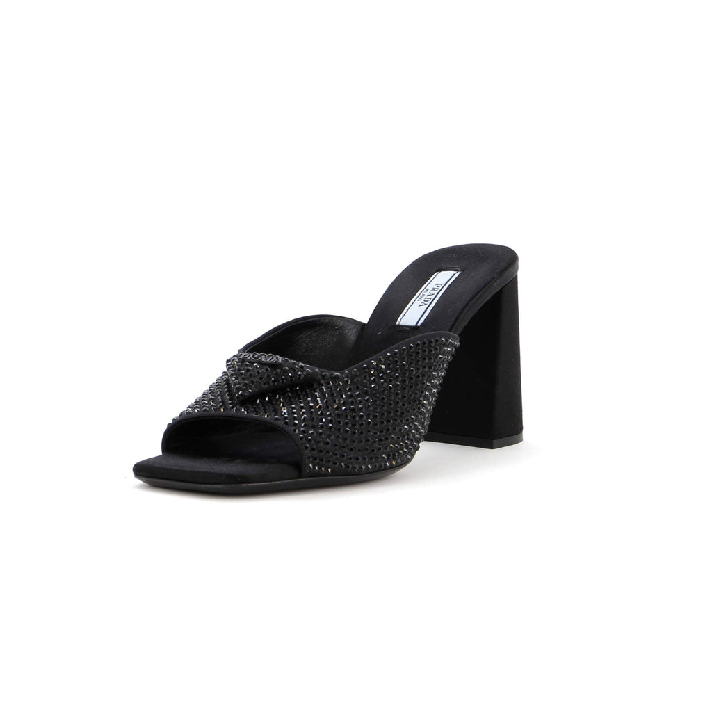 Women's Triangle Logo Heeled Mule Sandals Crystal Embellished Satin