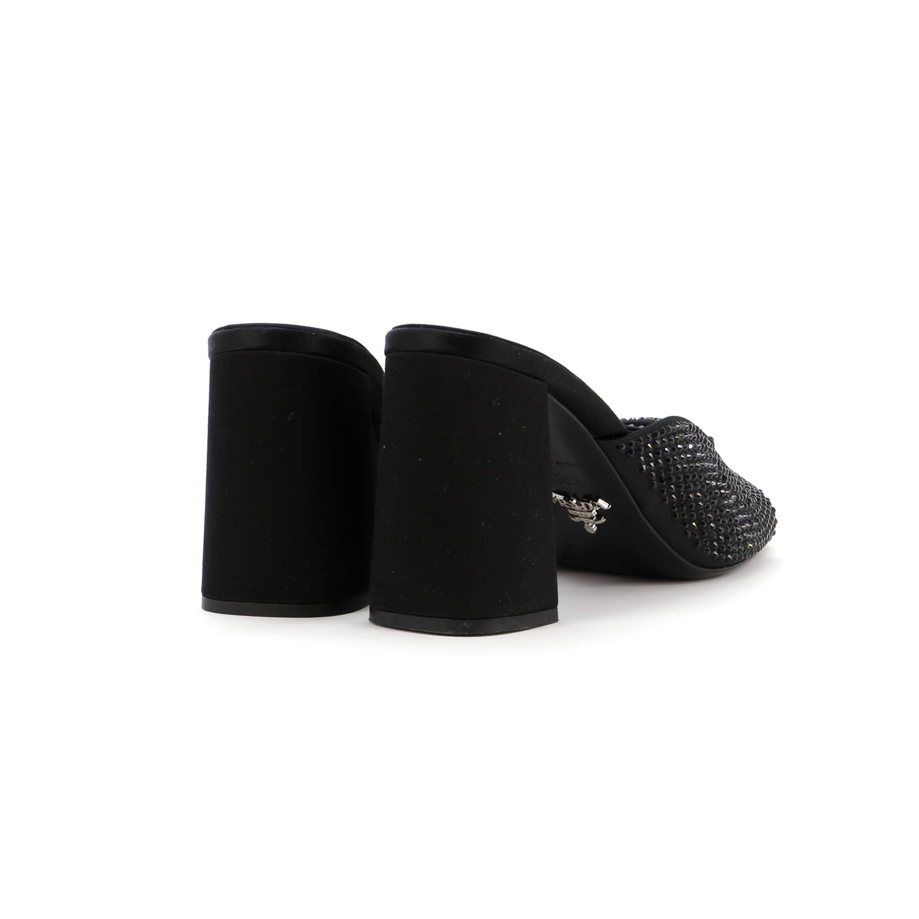 Women's Triangle Logo Heeled Mule Sandals Crystal Embellished Satin