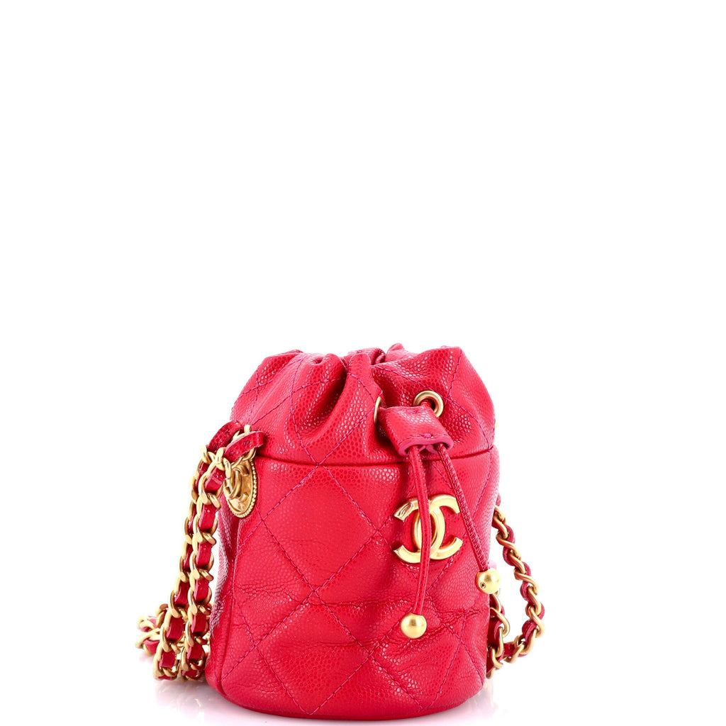 Twist Your Buttons Drawstring Bucket Bag Quilted Caviar Mini