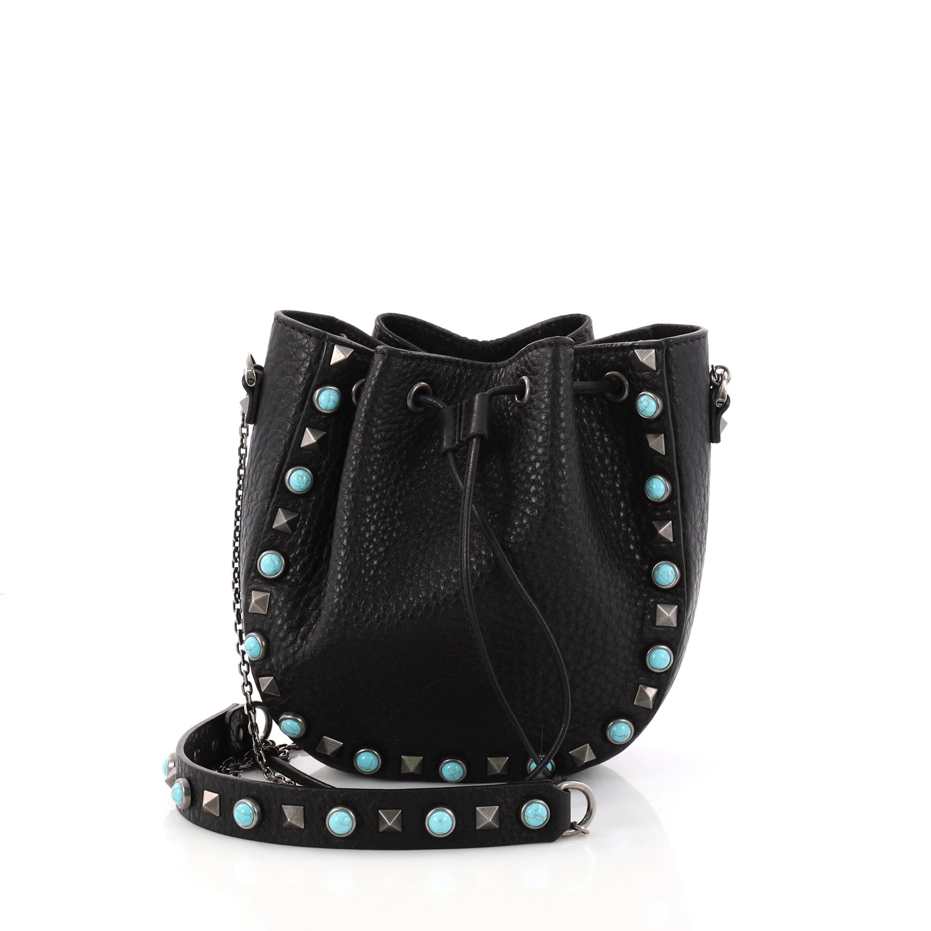 Rolling Rockstud Drawstring Bucket Bag Leather with Cabochons Mini