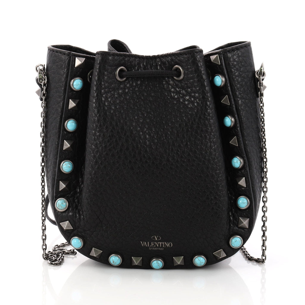 Rolling Rockstud Drawstring Bucket Bag Leather with Cabochons Mini