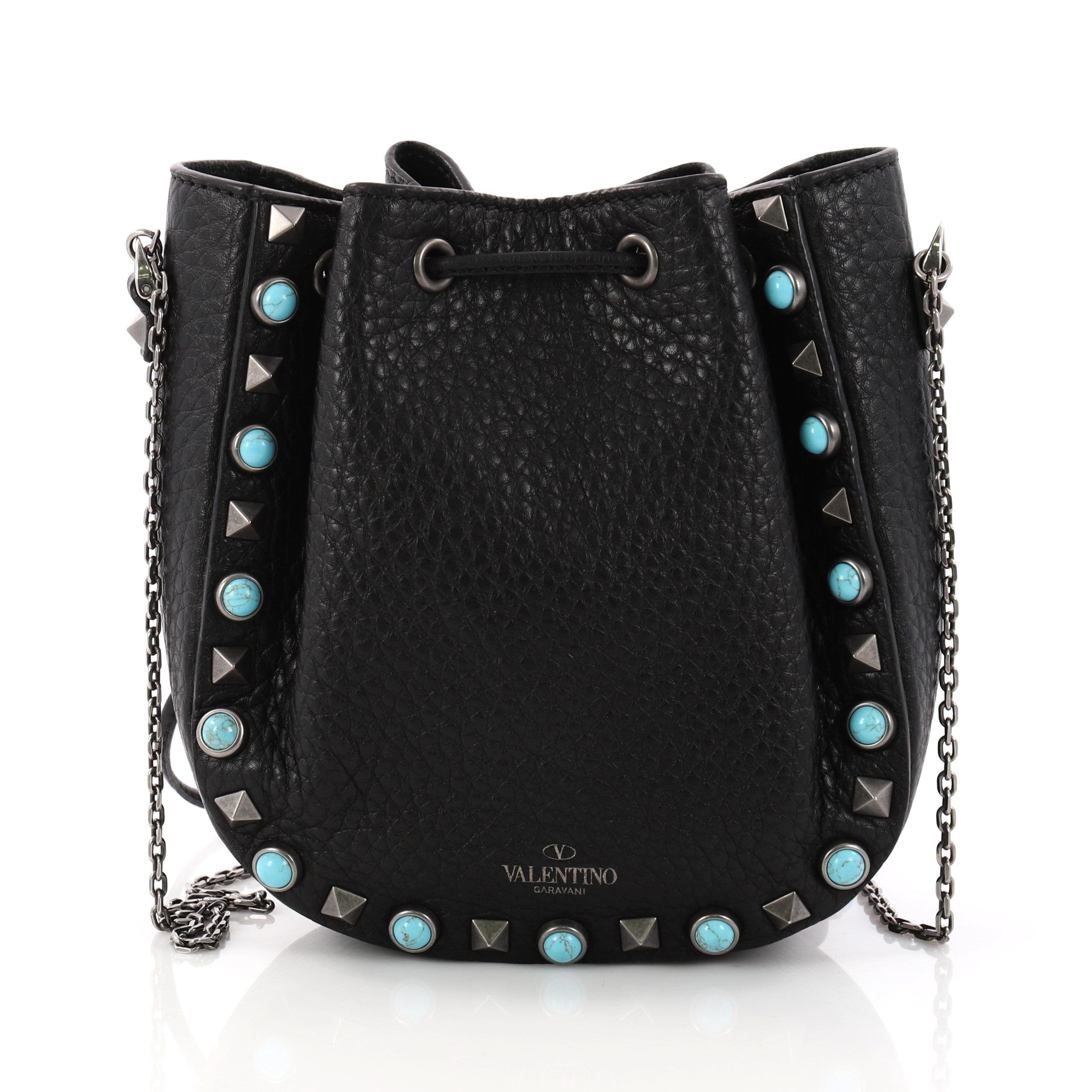 Rolling Rockstud Drawstring Bucket Bag Leather with Cabochons Mini