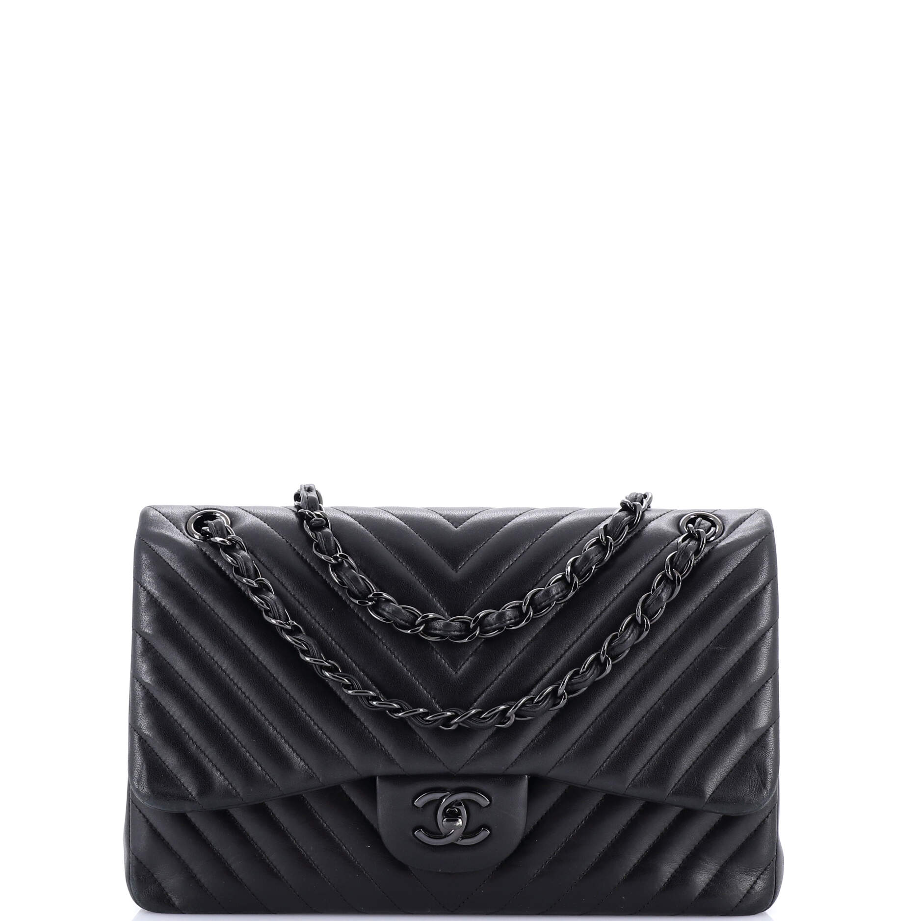 So Black Classic Double Flap Bag Chevron Lambskin Jumbo