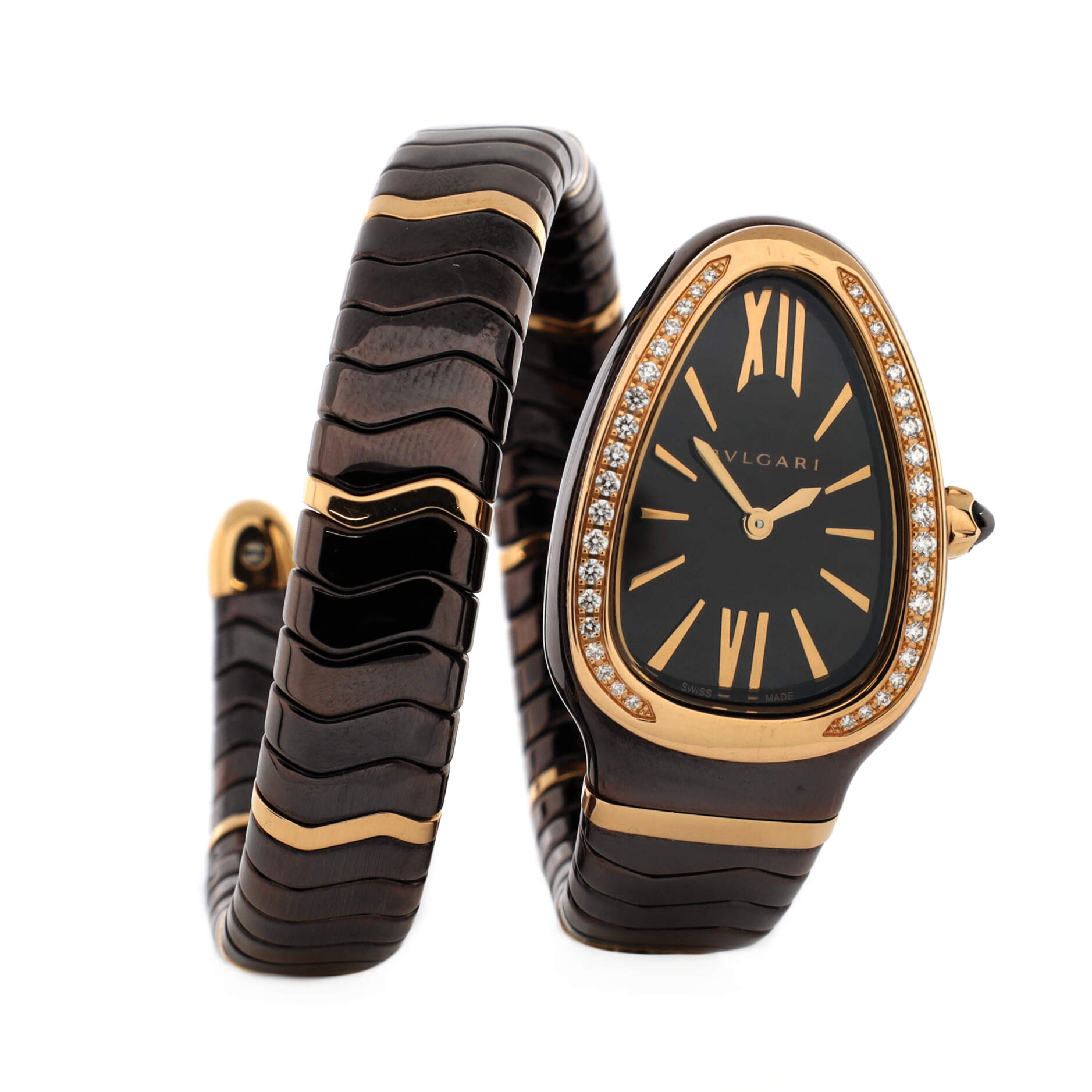 Serpenti Spiga Single Spiral Quartz Watch Ceramic and Rose Gold with Diamond Bezel 23