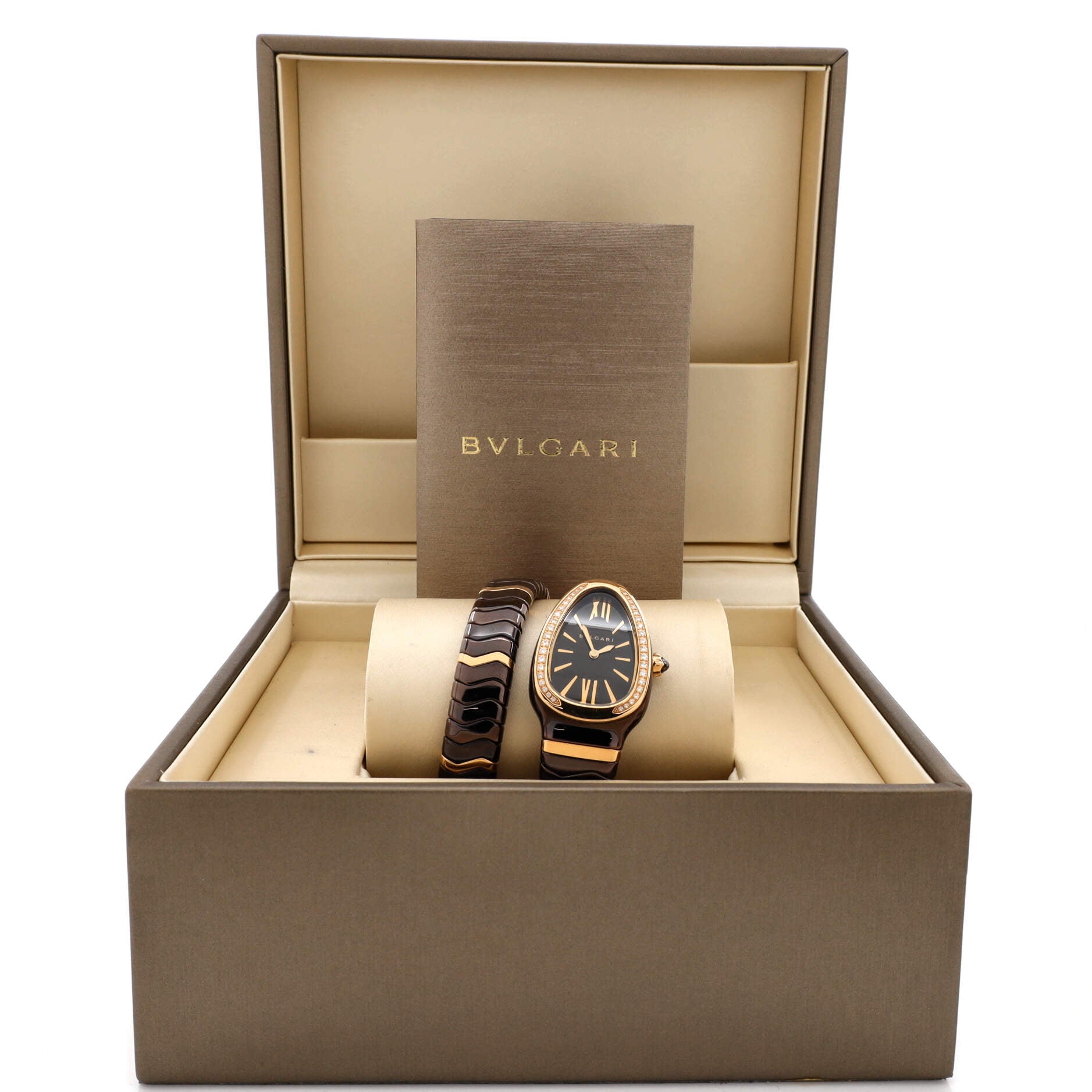 Serpenti Spiga Single Spiral Quartz Watch Ceramic and Rose Gold with Diamond Bezel 23
