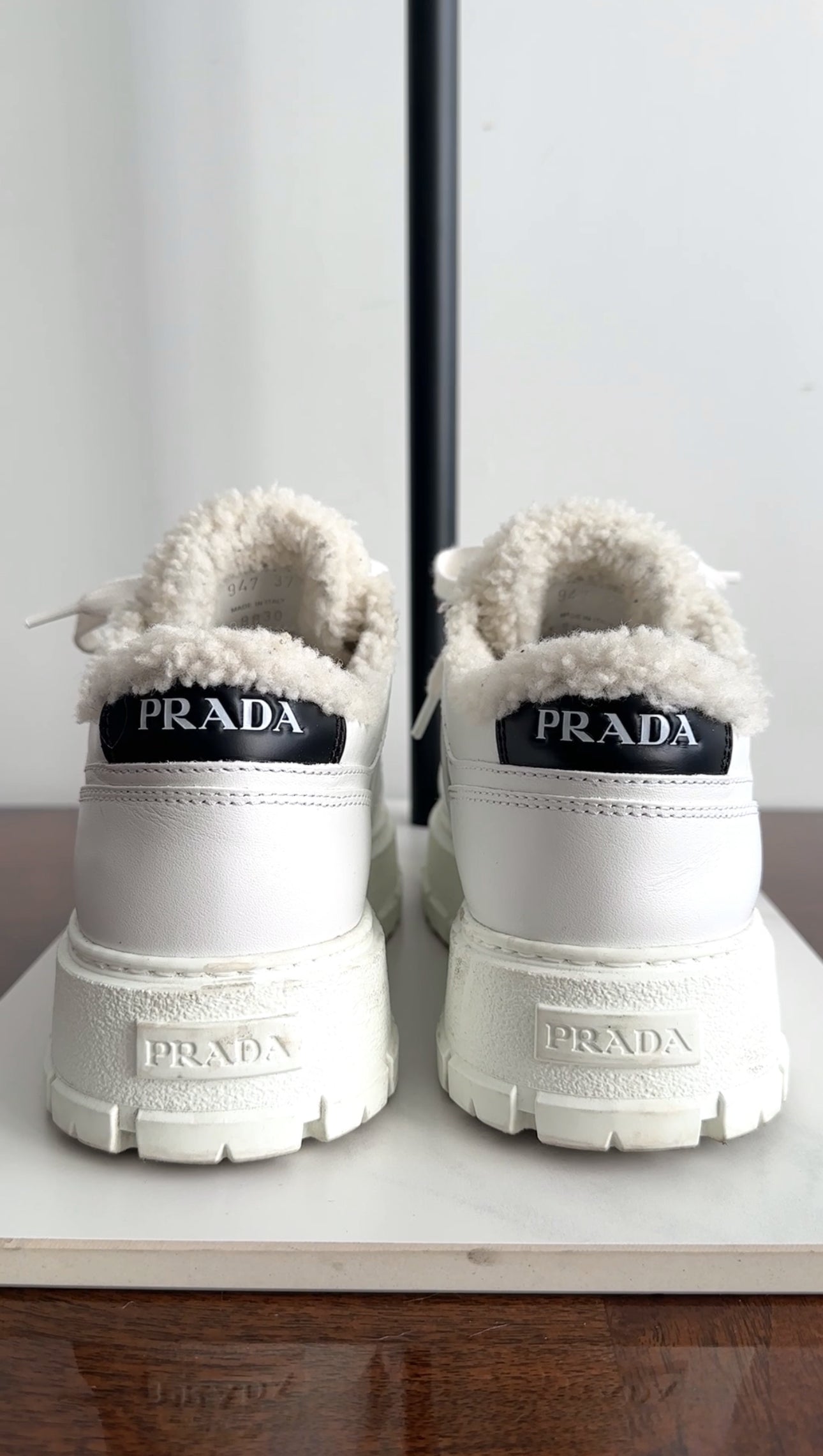 Prada White Leather Shearling Sneakers - 37