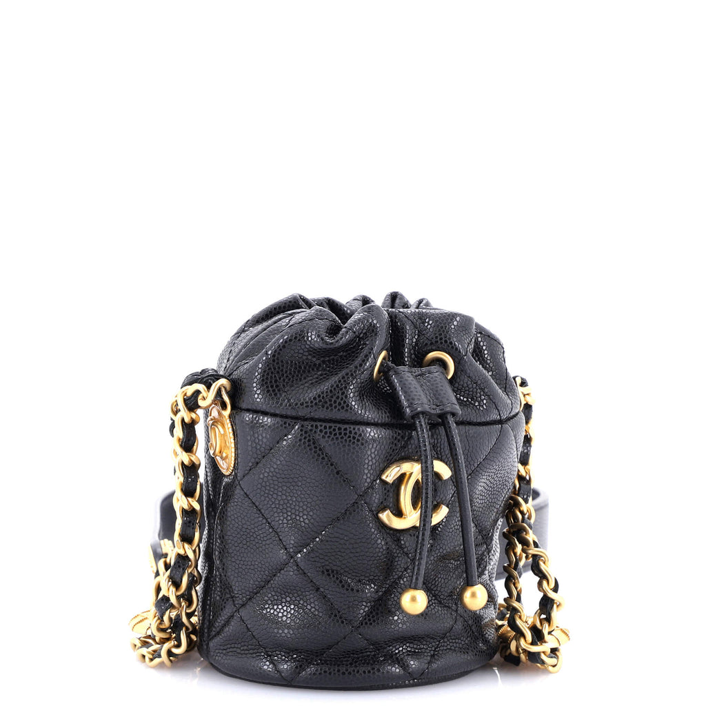 Twist Your Buttons Drawstring Bucket Bag Quilted Caviar Mini