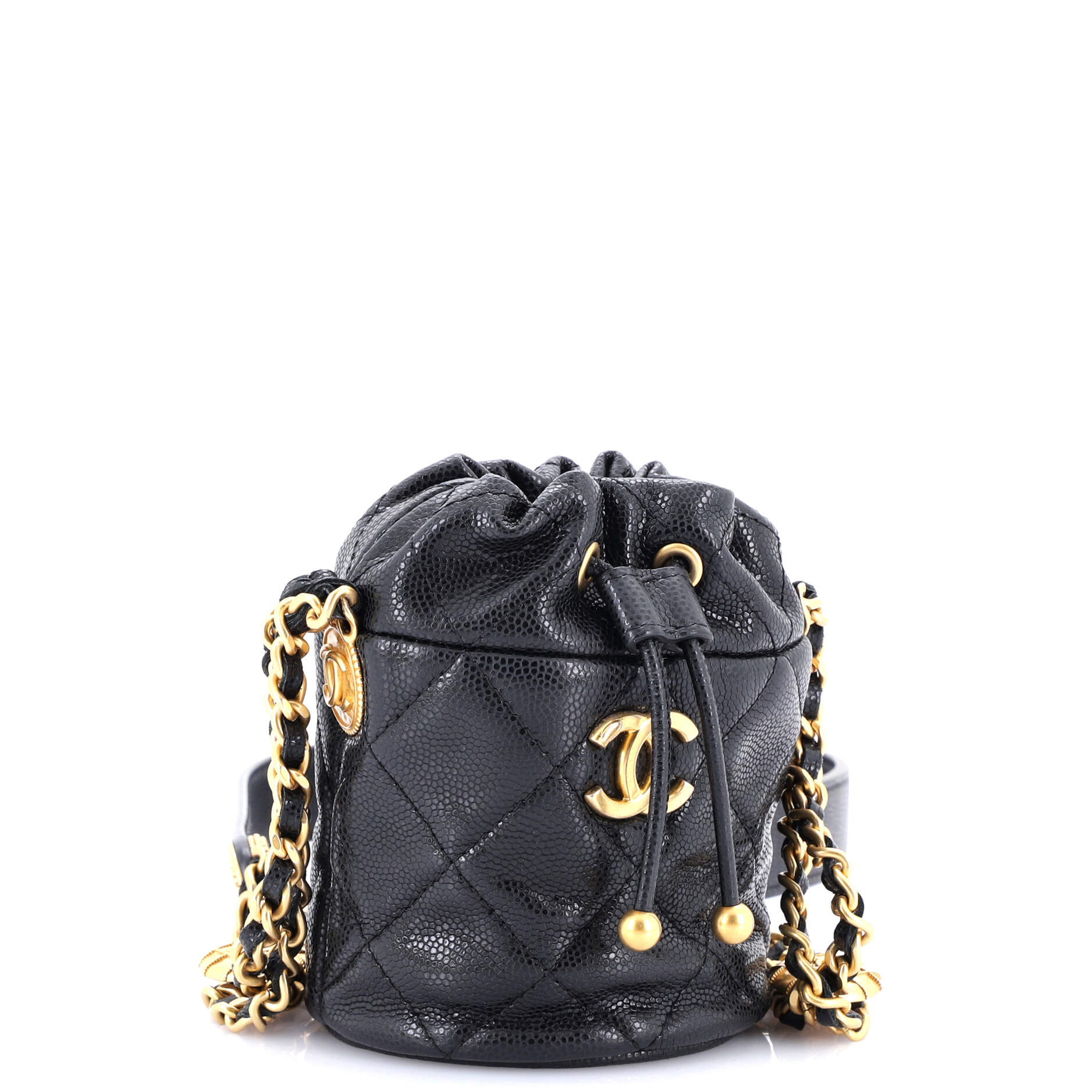 Twist Your Buttons Drawstring Bucket Bag Quilted Caviar Mini