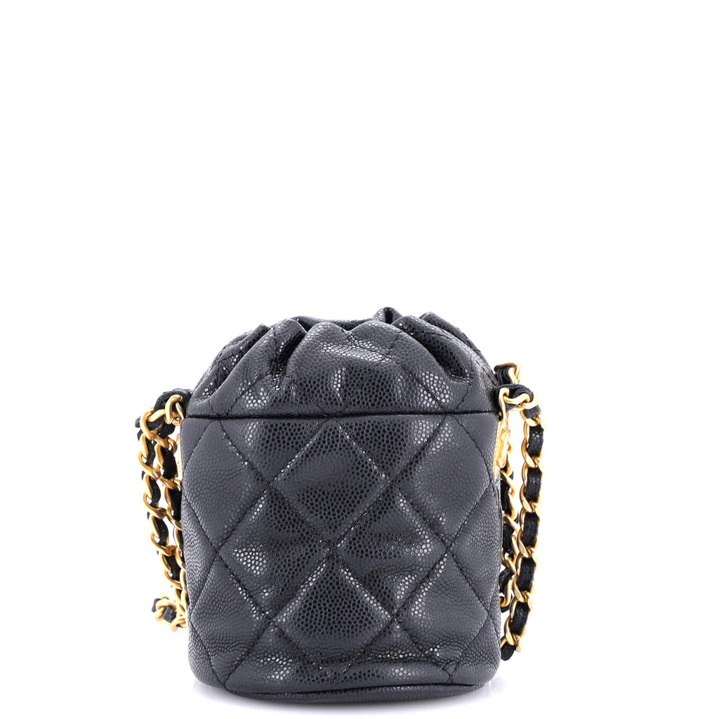 Twist Your Buttons Drawstring Bucket Bag Quilted Caviar Mini