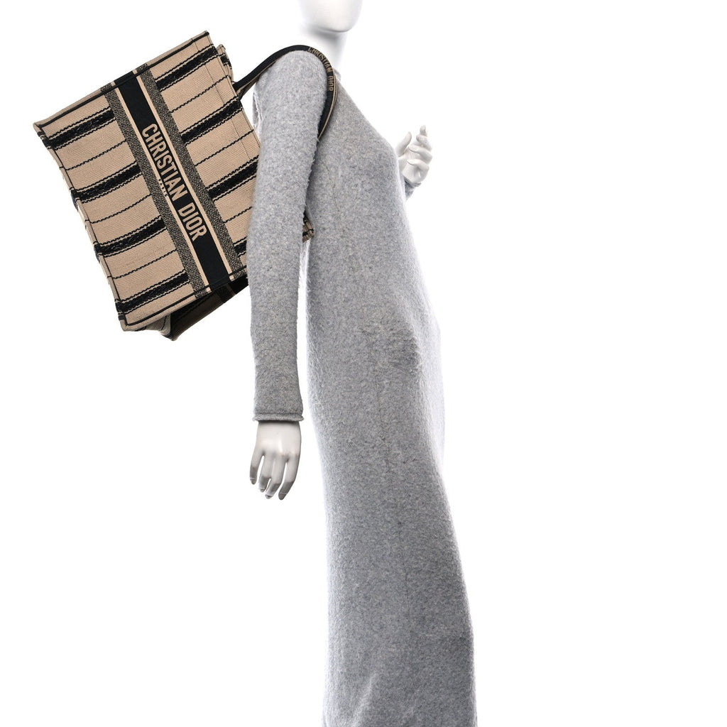 Canvas Embroidered Large Bayadere Book Tote Black Beige