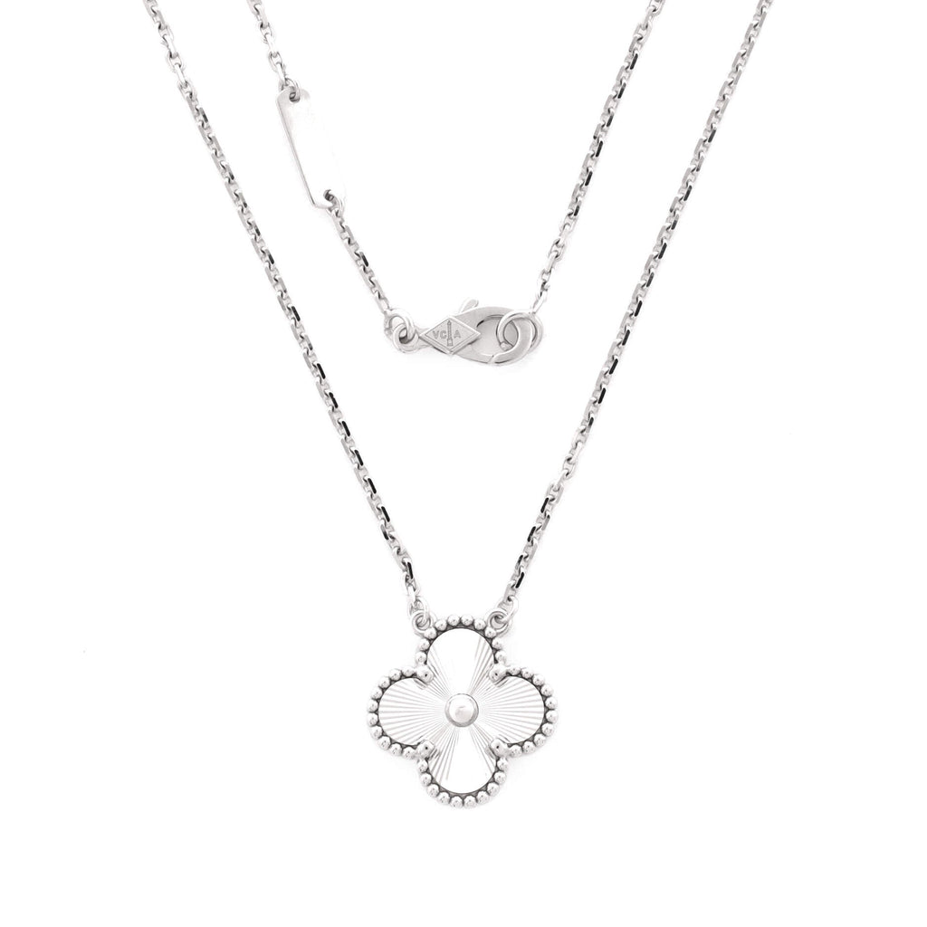Vintage Alhambra Pendant Necklace Guilloche 18K White Gold