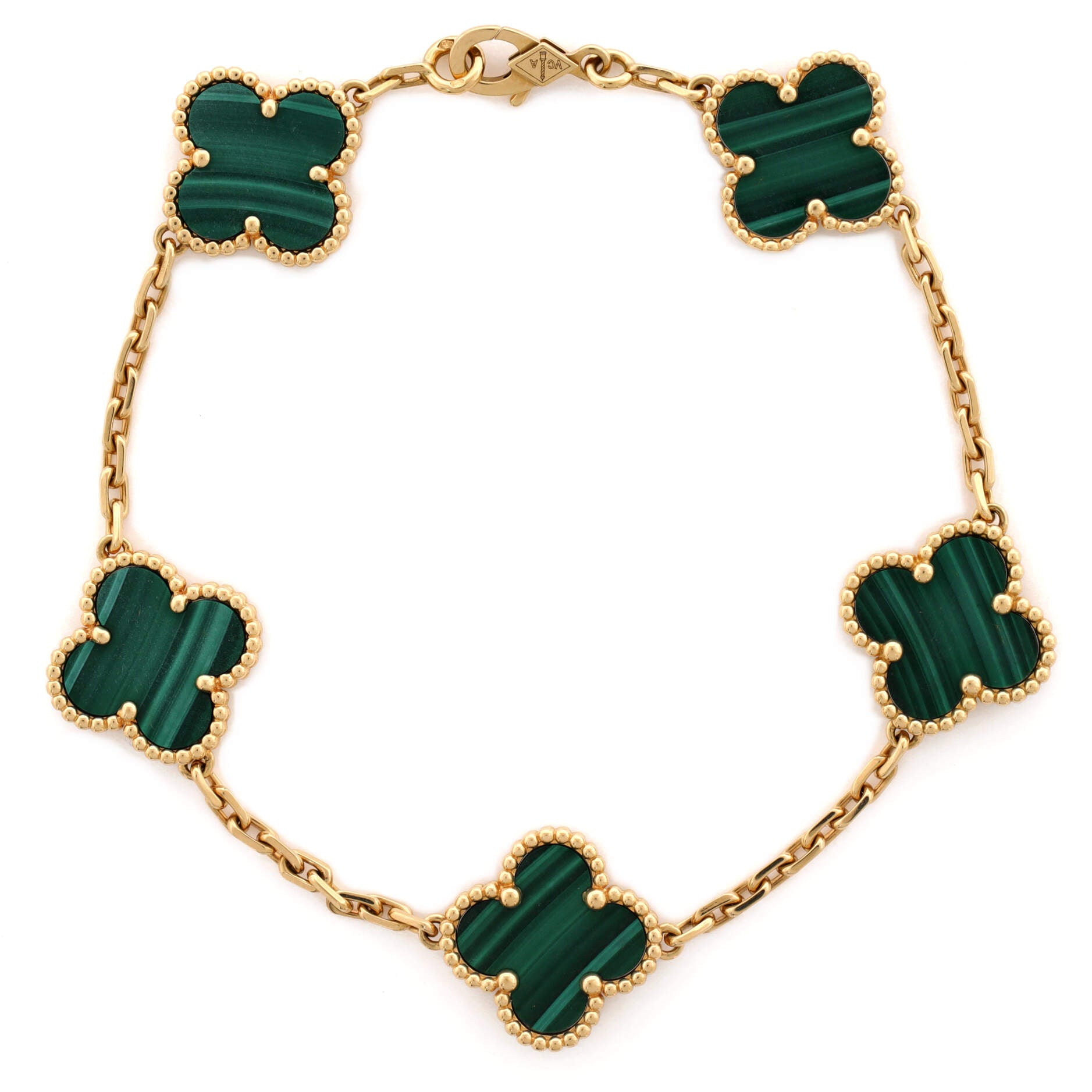 Vintage Alhambra 5 Motifs Bracelet 18K Yellow Gold and Malachite