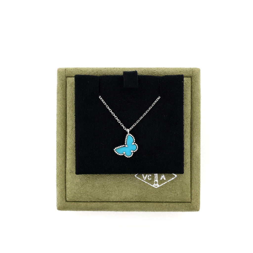 Sweet Alhambra Butterfly Pendant Necklace 18K White Gold with Turquoise