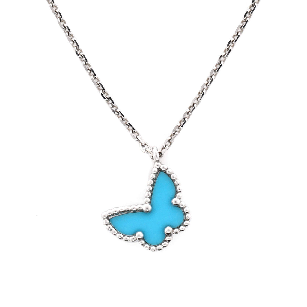 Sweet Alhambra Butterfly Pendant Necklace 18K White Gold with Turquoise