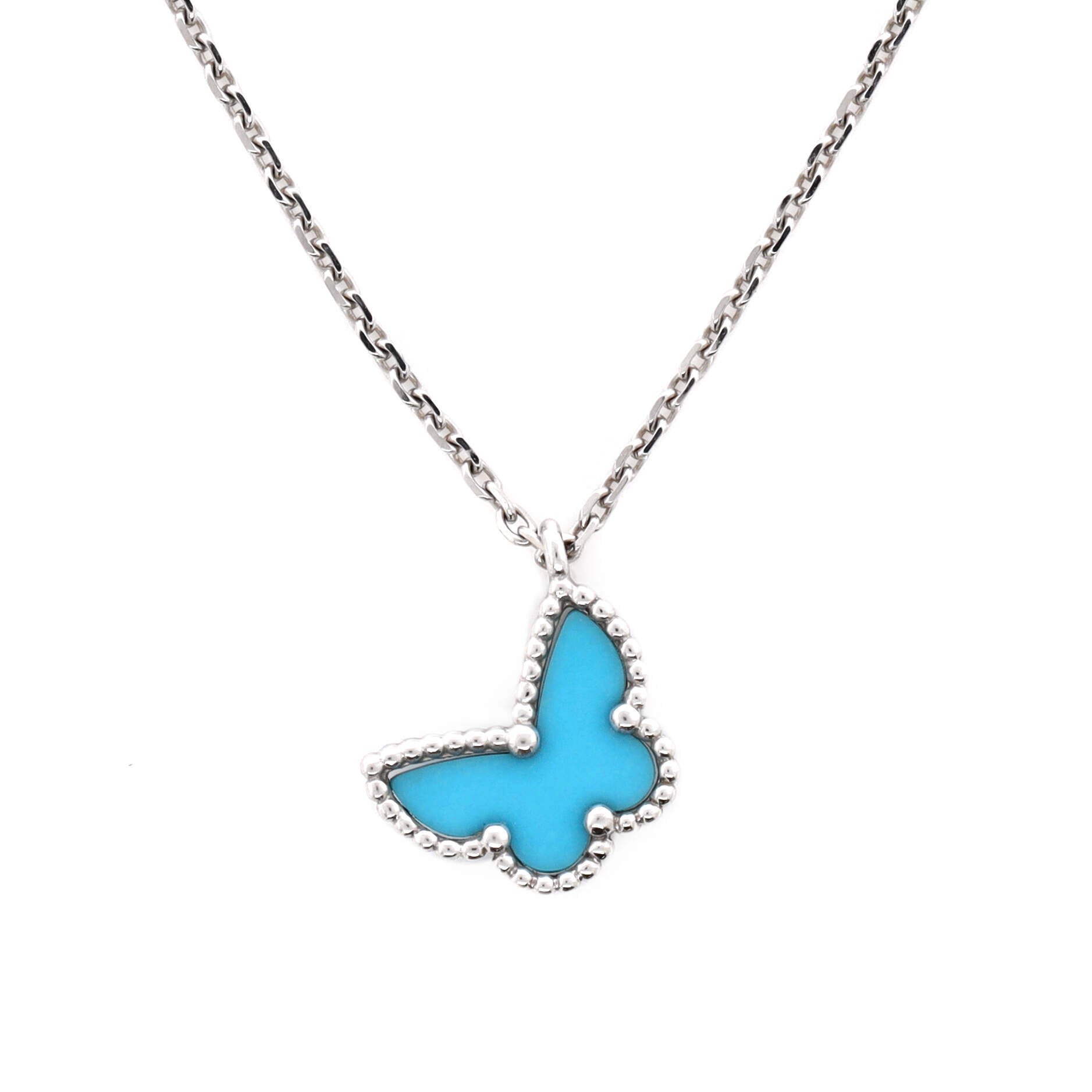 Sweet Alhambra Butterfly Pendant Necklace 18K White Gold with Turquoise