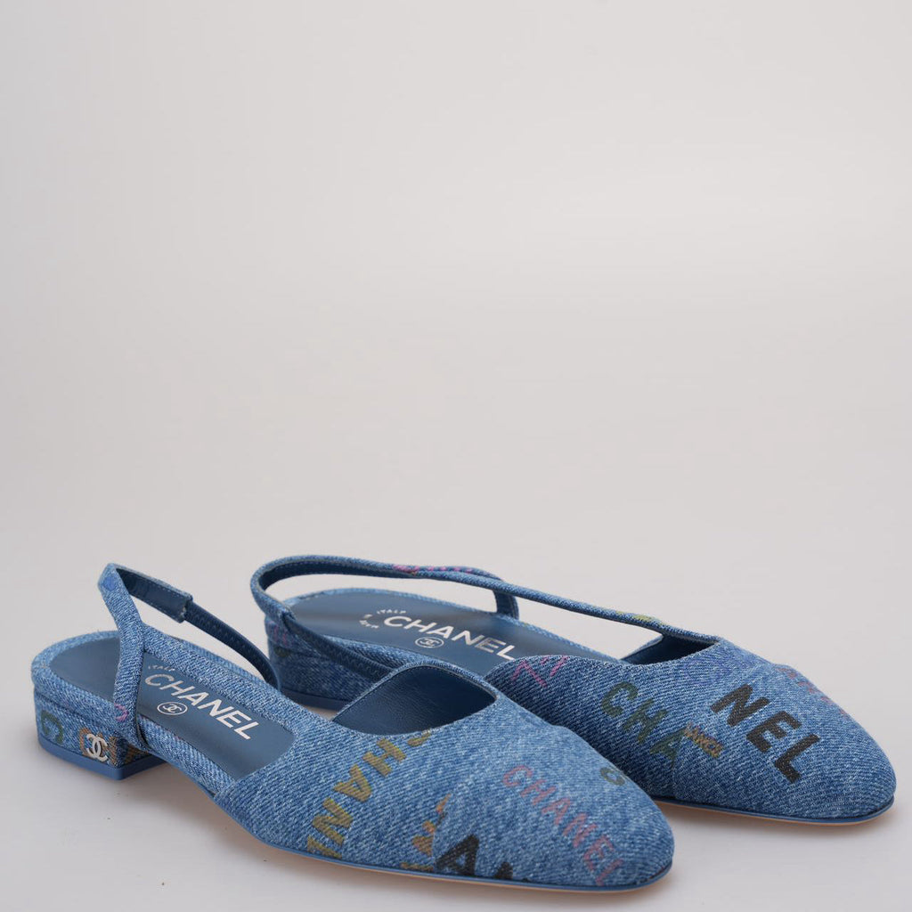 Chanel Denim Slingback Flats Cap Toe CC Light Blue Multicolor size 36.5
