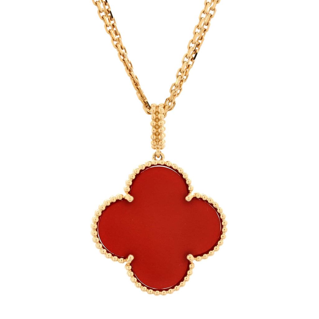 Magic Alhambra Pendant Long Necklace 18K Yellow Gold and Carnelian