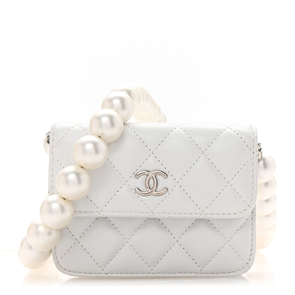 Iridescent Calfskin Quilted Mini Maxi Pearls Wallet On Chain WOC White