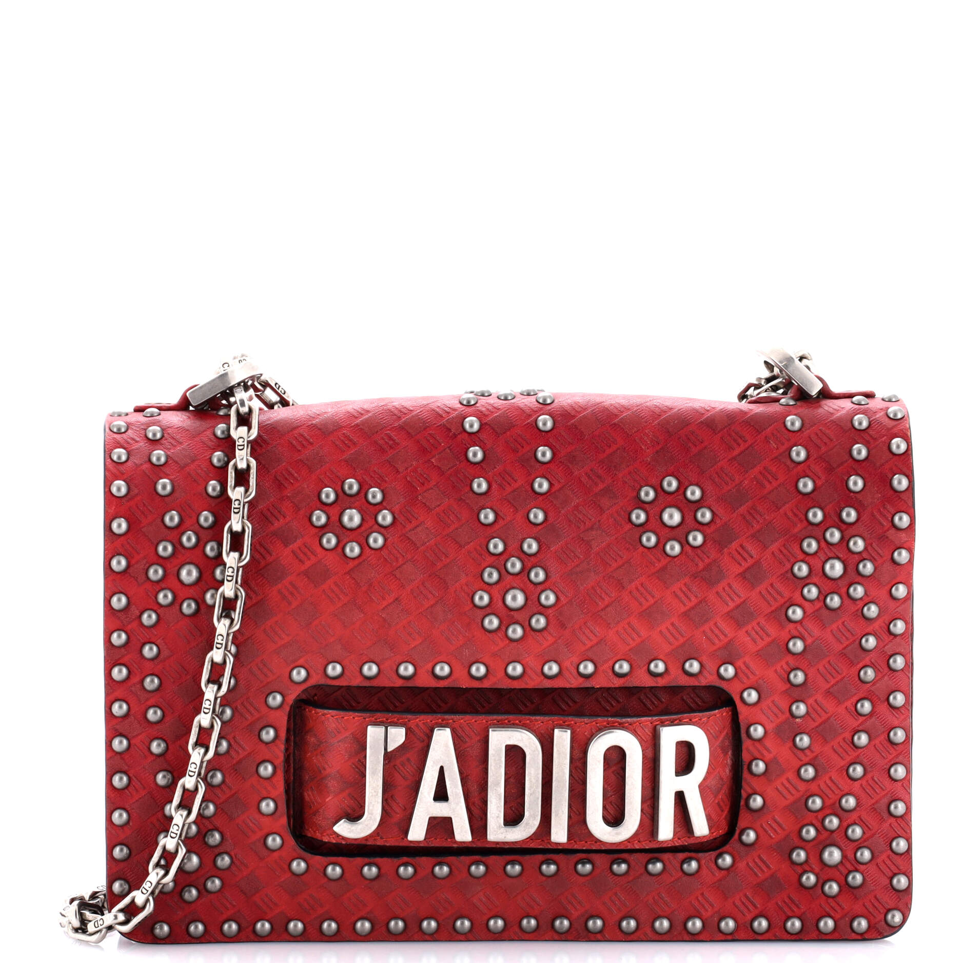 J'Adior Flap Bag Studded Embossed Leather Medium