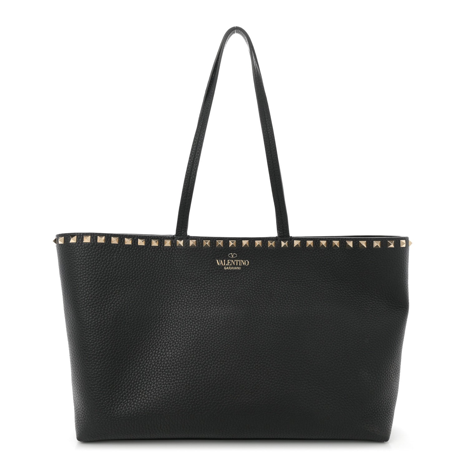 Grained Calfskin Rockstud Shoulder Tote Black