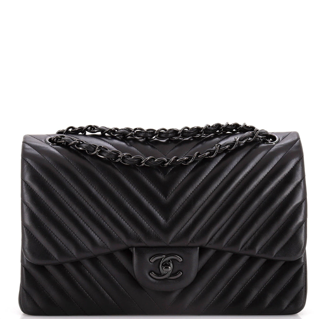 So Black Classic Double Flap Bag Chevron Lambskin Jumbo