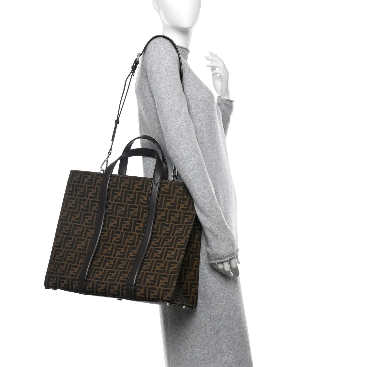 Recycled Fabric Jacquard Vitello Astro FF 1974 Shopping Tote Tobacco Moro Ebano