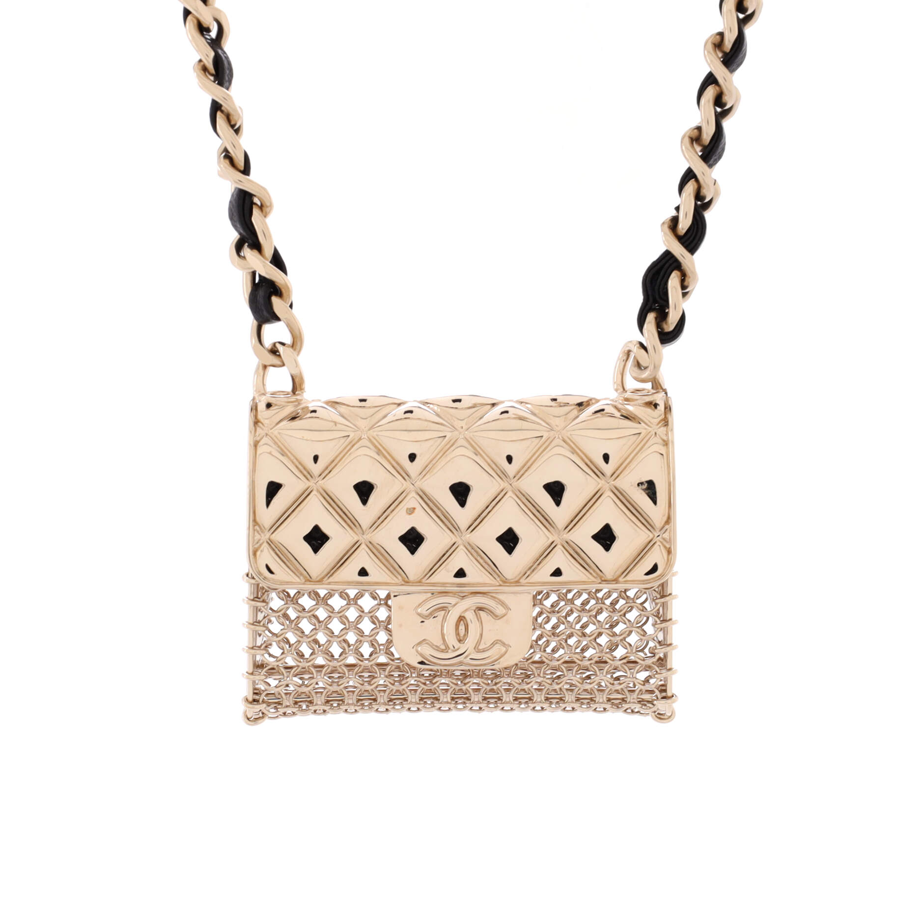 Flap Bag Chain Pendant Necklace Quilted Metal with Lambskin