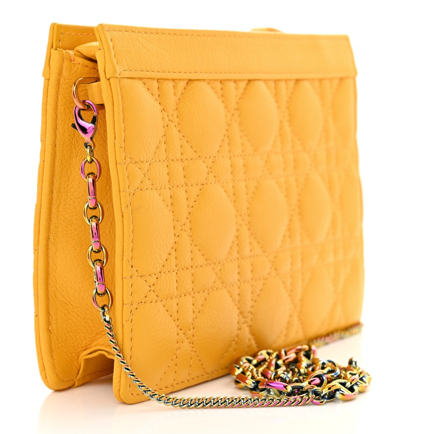 Calfskin Cannage Caro Zipped Pouch With Chain Sunny Yellow