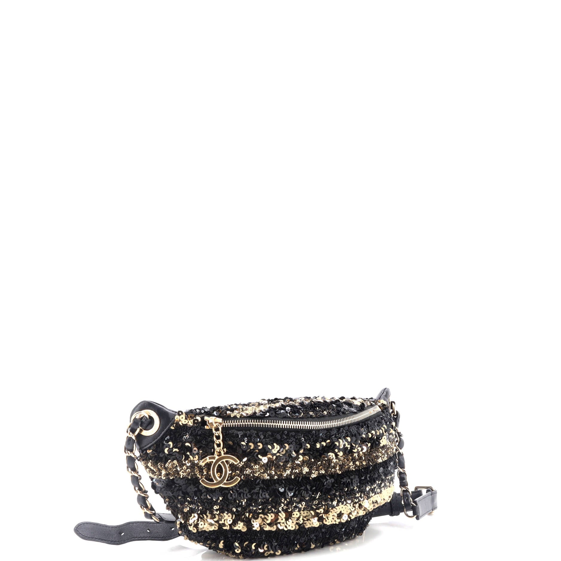 CC Charm Zip Waist Bag Sequins and Quilted Lambskin