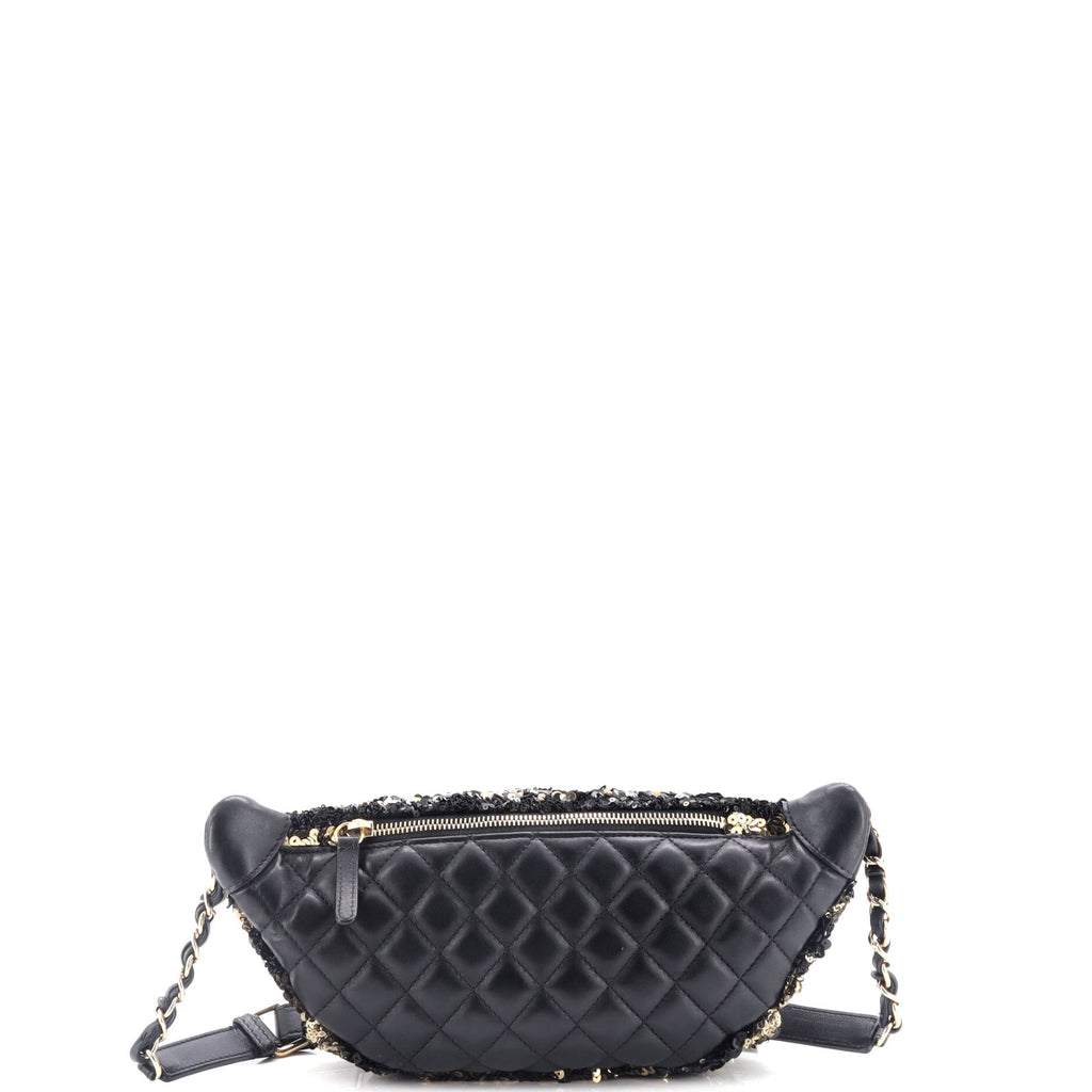 CC Charm Zip Waist Bag Sequins and Quilted Lambskin