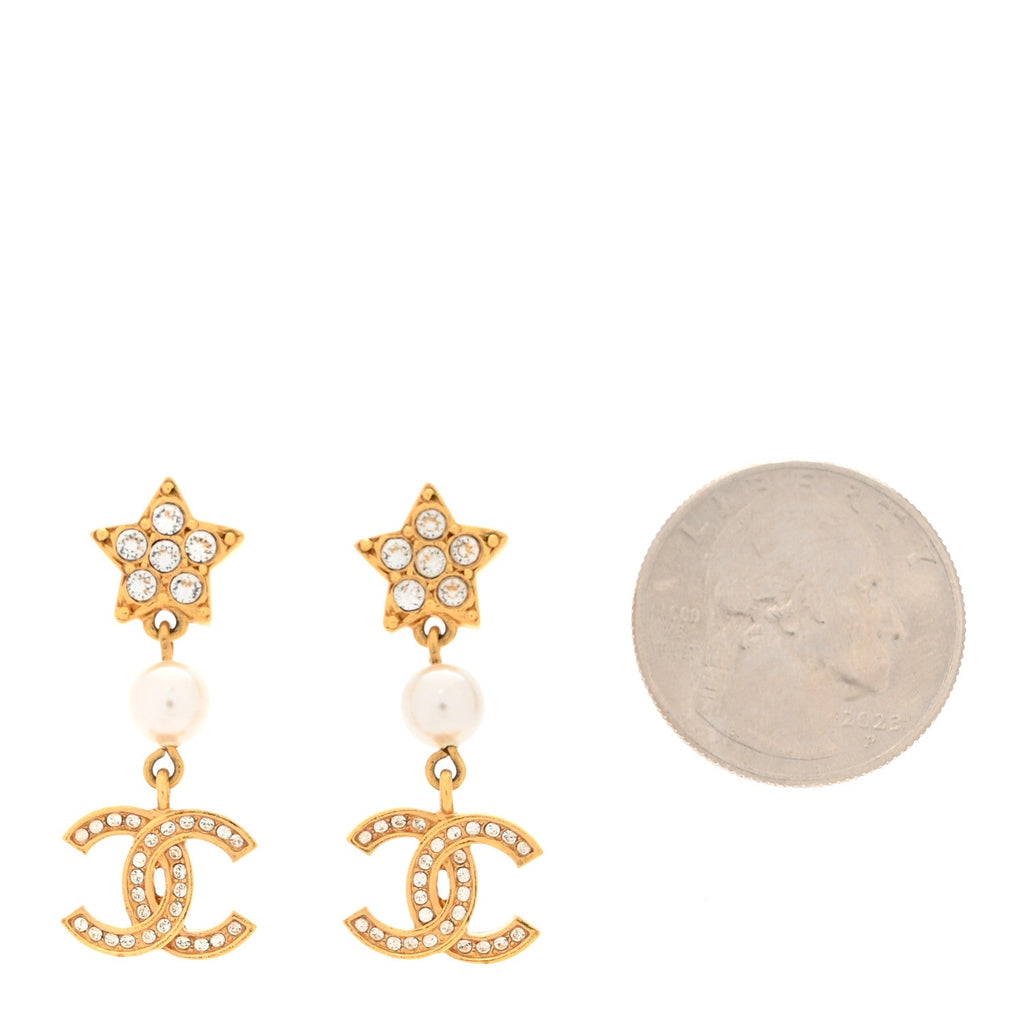 Metal Crystal Pearl CC Star Drop Earrings Gold Pearly White