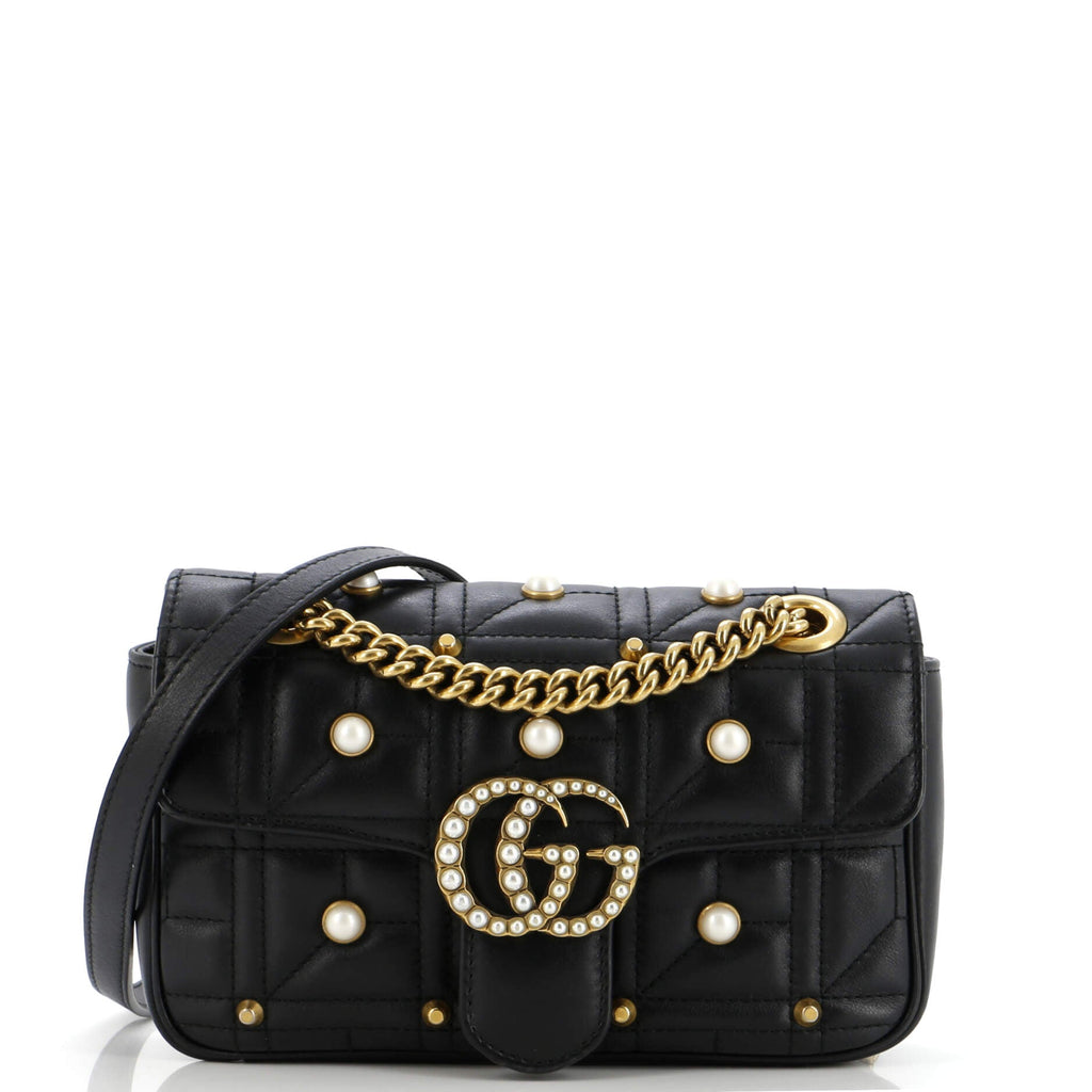 Pearly GG Marmont Flap Bag Embellished Matelasse Leather Mini