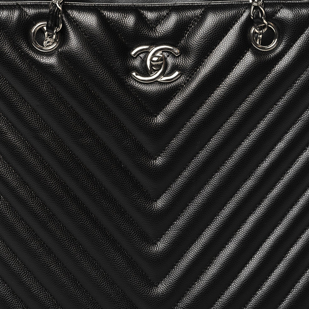 Caviar Chevron Quilted Large Shopping Tote Black