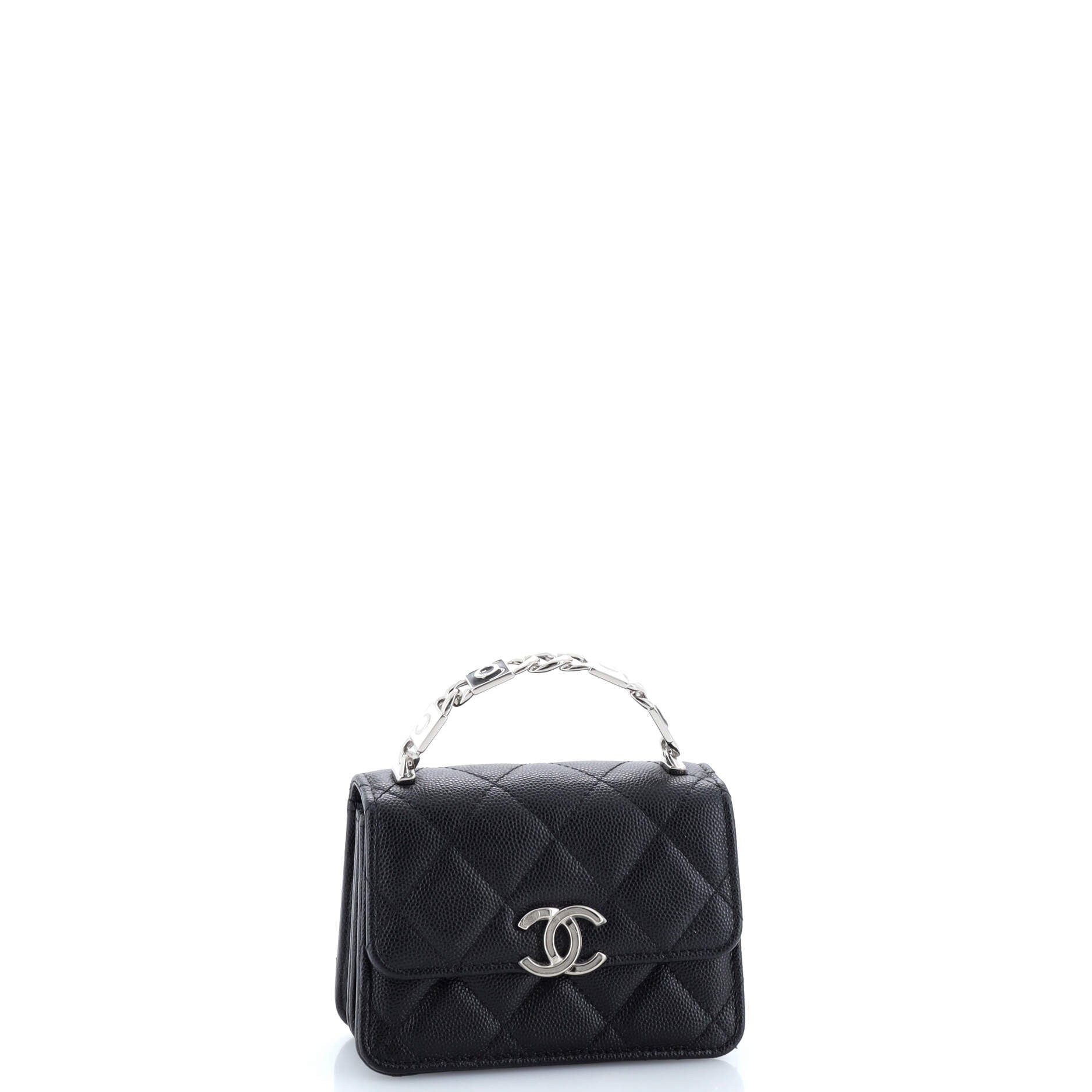 Coco Enamel Top Handle Flap Clutch with Chain Quilted Caviar