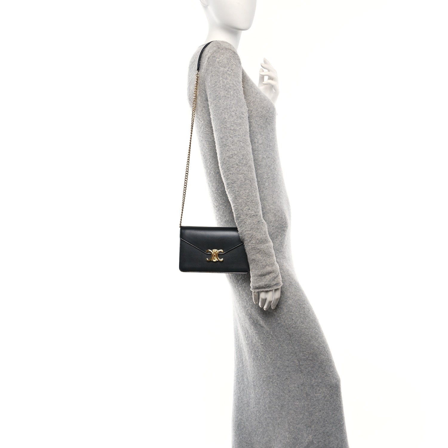 Shiny Calfskin Triomphe Margo Wallet on Chain Black