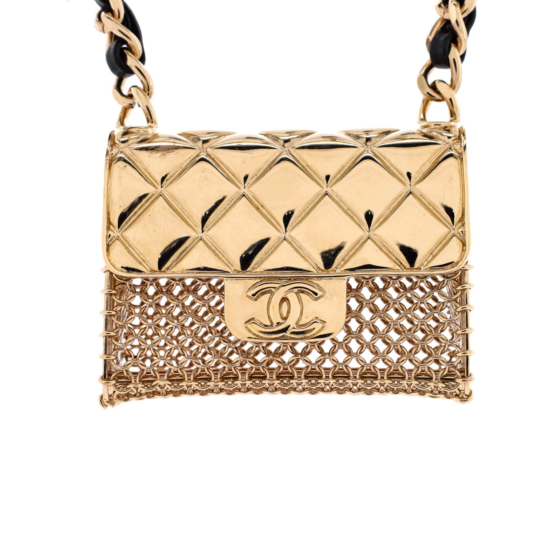 Flap Bag Chain Pendant Necklace Quilted Metal with Lambskin