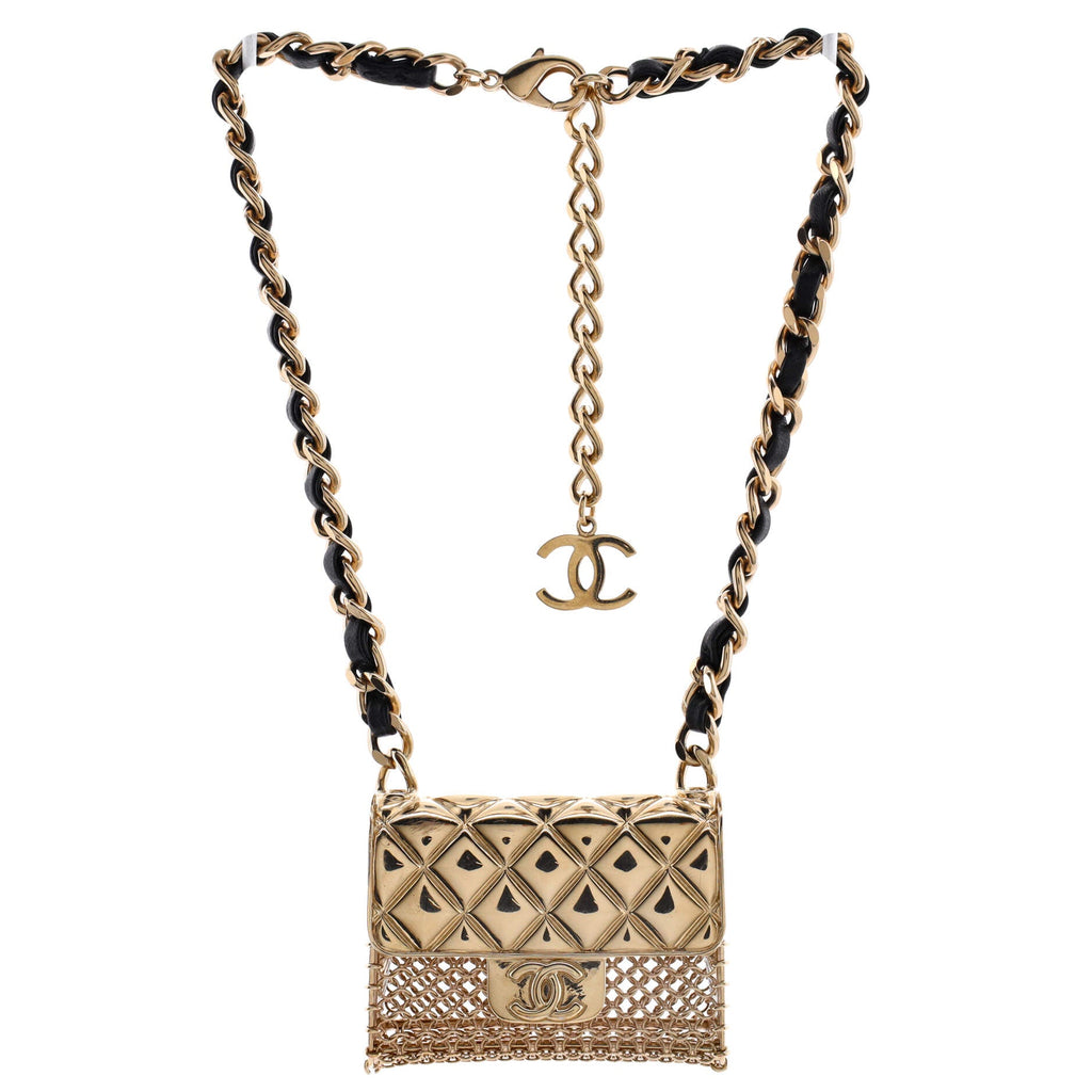 Flap Bag Chain Pendant Necklace Quilted Metal with Lambskin