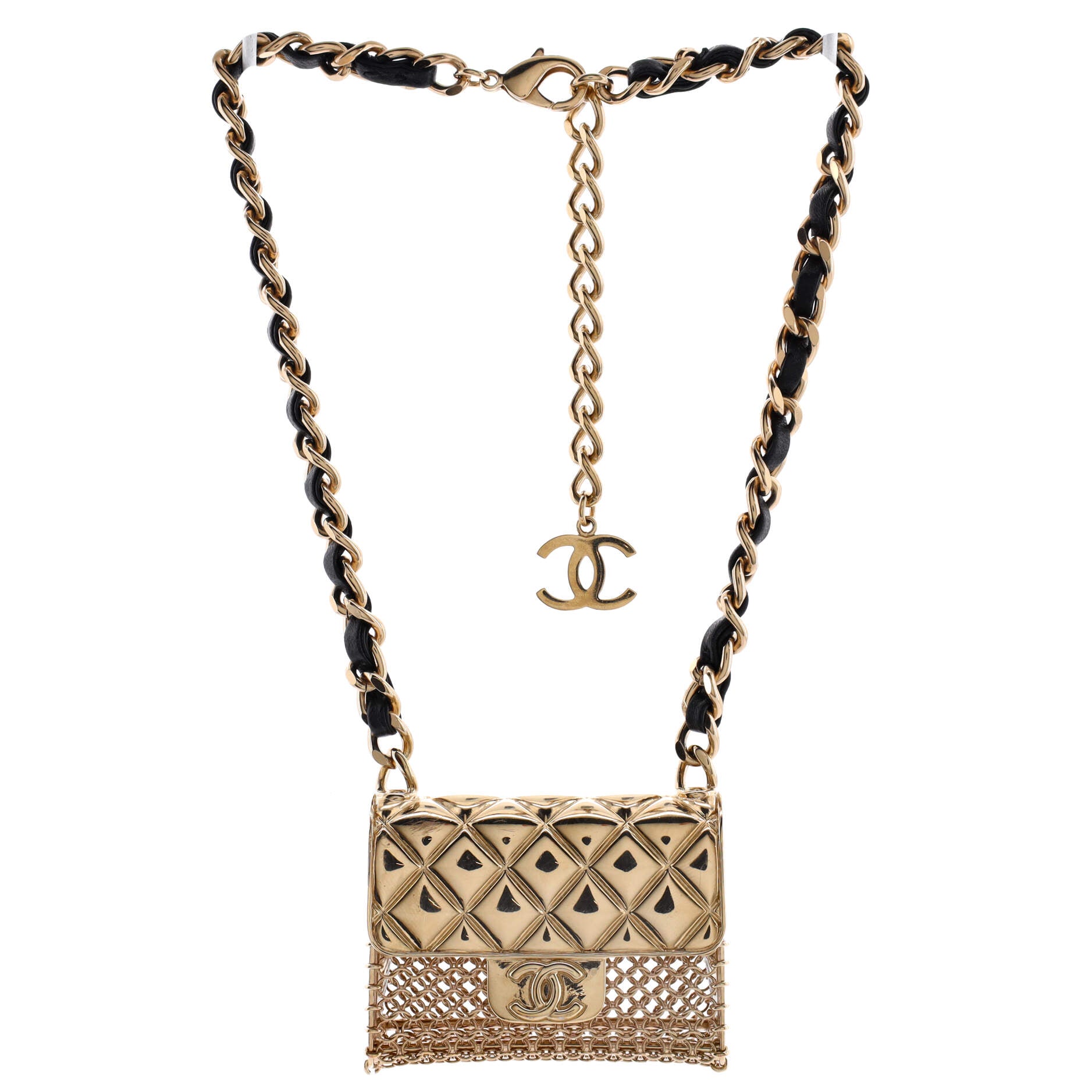 Flap Bag Chain Pendant Necklace Quilted Metal with Lambskin