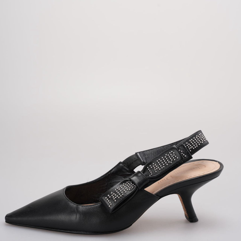 Christian Dior Black Leather Studded J'adior Slingback Pumps Size 37.5