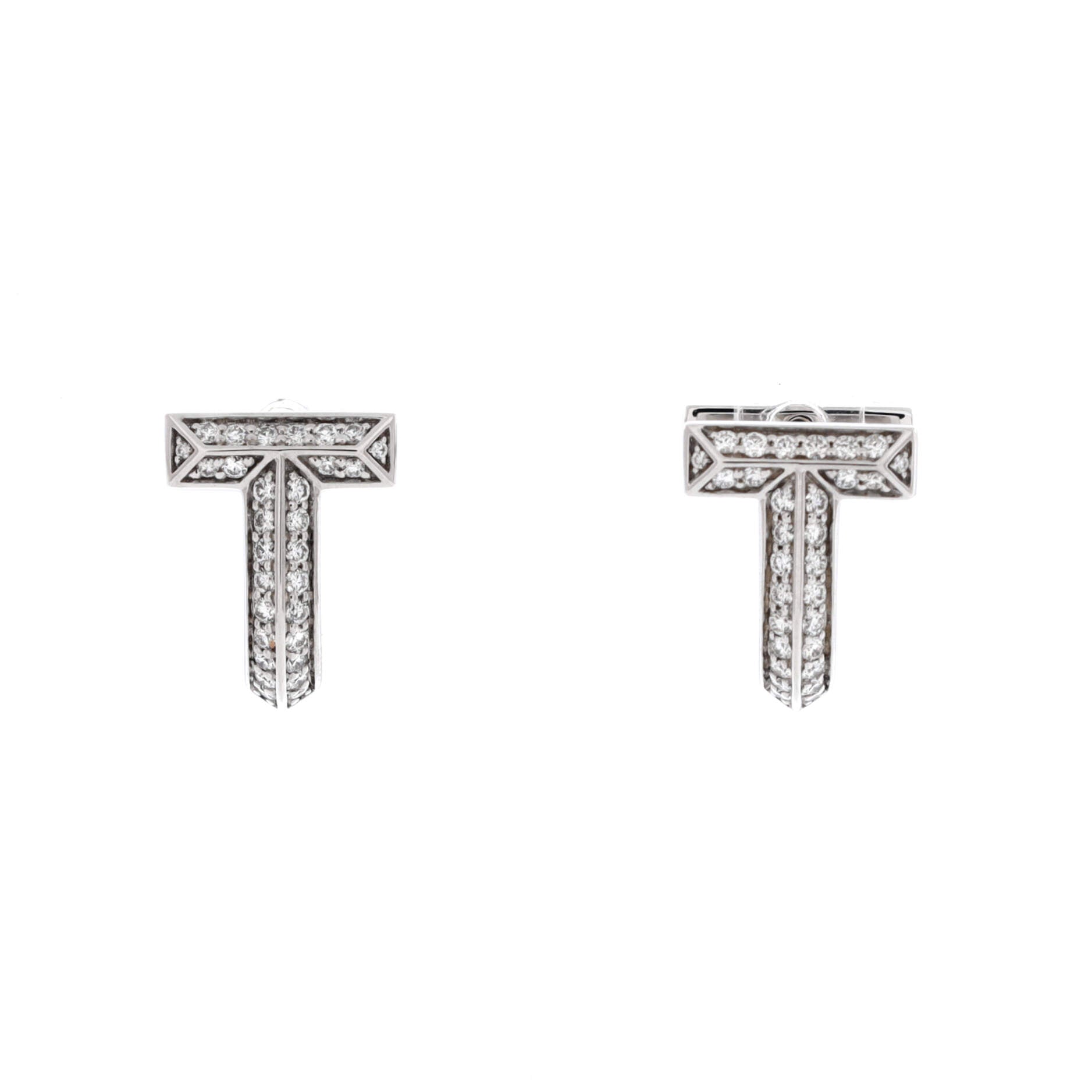 T1 Huggie Hoop Earrings 18K White Gold with Half Pave Diamonds