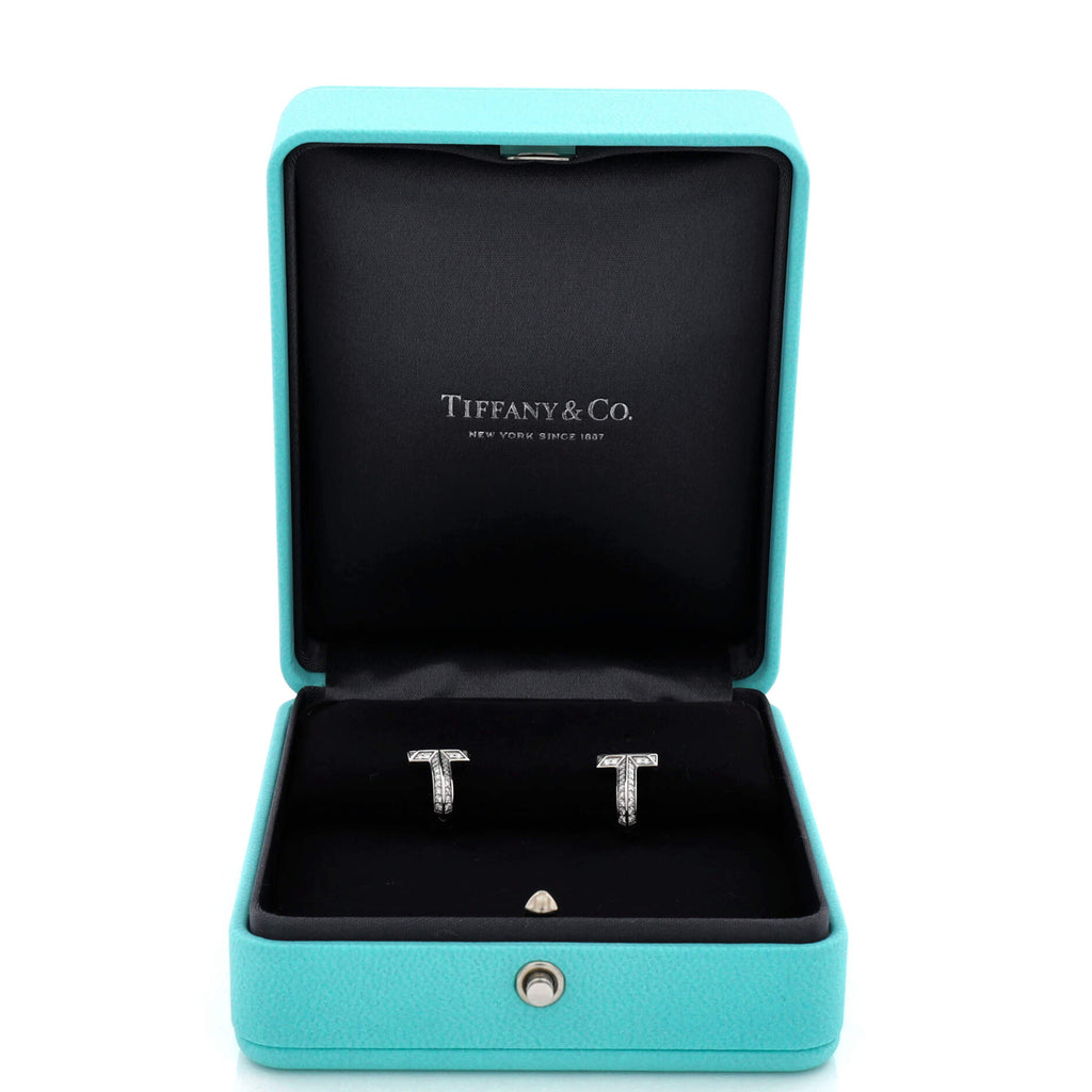 T1 Huggie Hoop Earrings 18K White Gold with Half Pave Diamonds