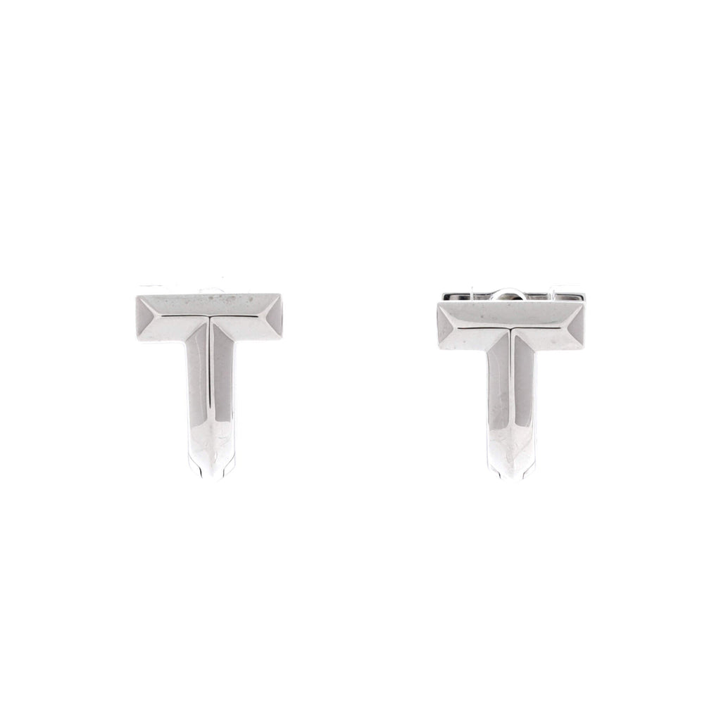 T1 Huggie Hoop Earrings 18K White Gold with Half Pave Diamonds