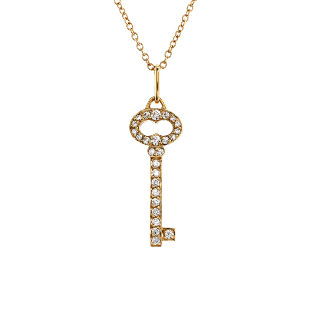 Vintage Oval Key Pendant Necklace 18K Yellow Gold with Diamonds Mini