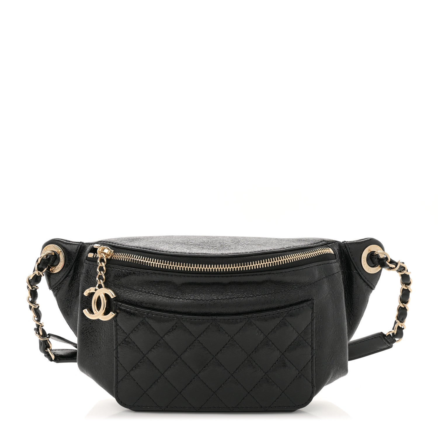 Crumpled Glazed Lambskin Quilted Waist Bag Fanny Pack Black