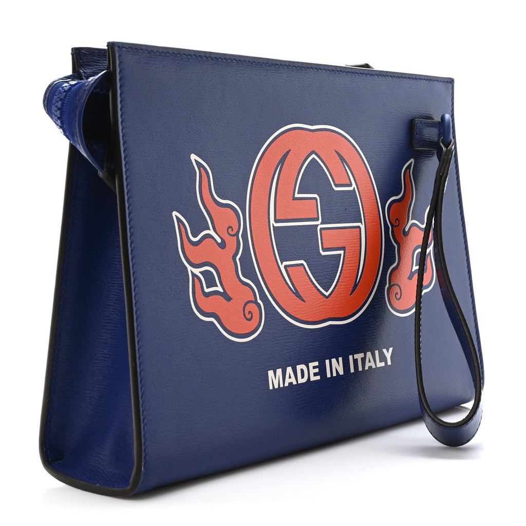 New Shanghai Calfskin Interlocking G Logo Wristlet Pouch Cobalt Blue Orange